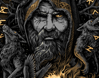 Ink drawing theoretical part illustration vikings odin loki freya valkyrie futhark runes tshirt design