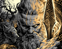 Ink drawing theoretical part illustration merch tshirt odin norse viking art