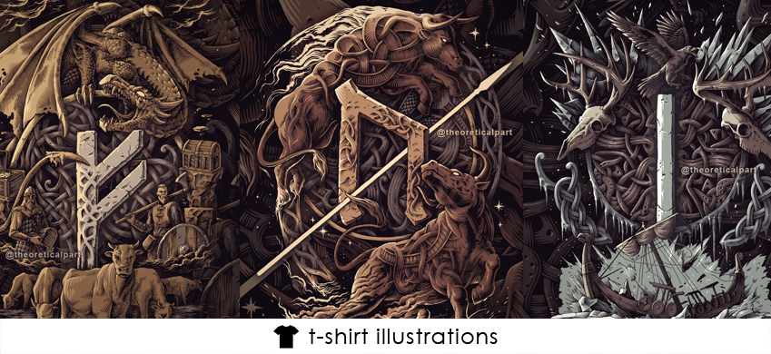 Tshirt design vikings runes norse mythology illustrations ink drawing theoretical part artists